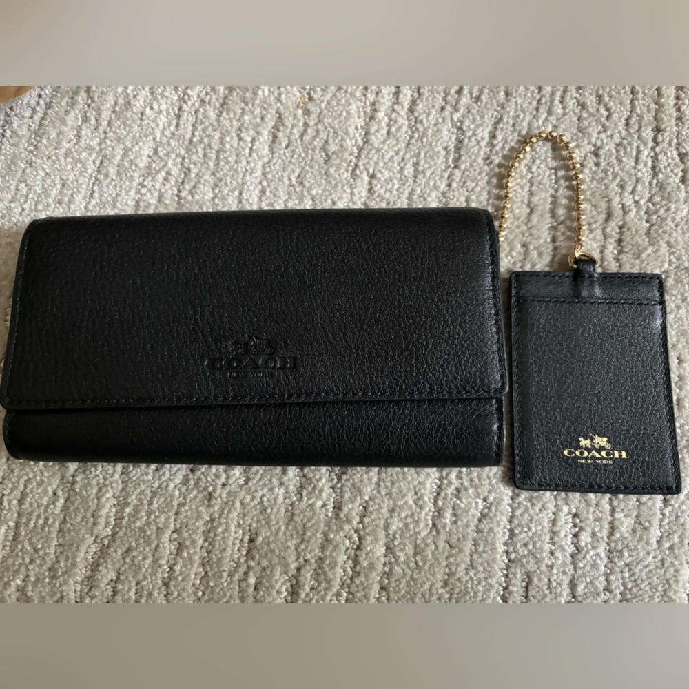 Coach trifold wallet with attached lanyard